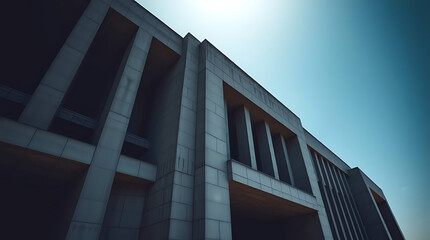 Obraz premium A monumental brutalist government building from the late 1970s, designed with massive cantilevered concrete volumes and sculptural voids, rising against a clear sky. created by generative ai