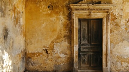 Fototapeta premium Weathered Wall With a Doorway and Sun-Dappled Light