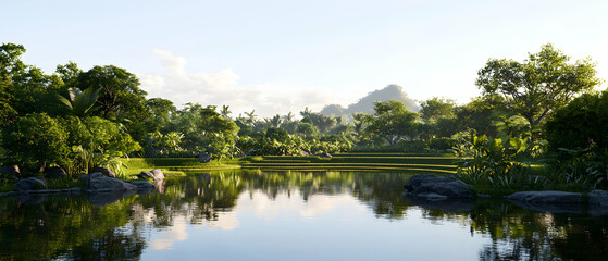Obraz premium Tranquil Forest Lake Scene With Lush Greenery And Reflection