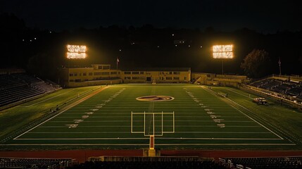 Distant view of stadium in the dark with intense lights highlighting field lines and empty seats