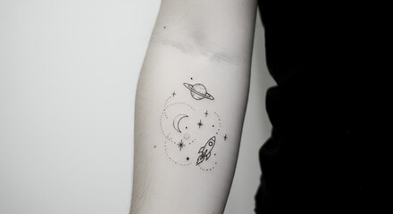 Space themed tattoo on arm featuring planet, moon, stars and rocket for cosmic illustration
