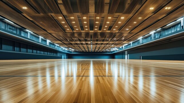 Empty multipurpose arena ready for transformation, with polished floors and movable sections