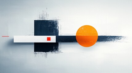 Abstract geometric composition featuring a bold orange circle, a dark square, and a white rectangle on a light gray background