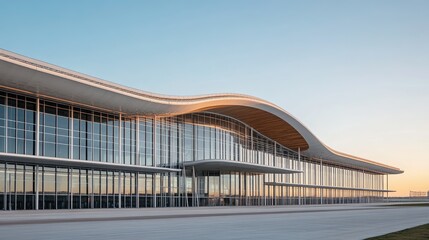 Fototapeta premium Exterior view of a modern stadium with futuristic curved roof and steel framework under clear blue sky