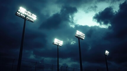 Floodlight poles silhouetted against a moody sky as they bathe the stadium in white light