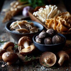 assorted fresh mushrooms on rustic wooden table

