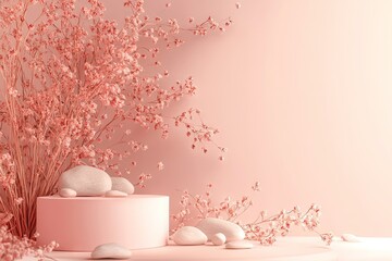Fototapeta premium A serene landscape featuring a circular pedestal surrounded by delicate pink foliage and rocky formations. set against a dreamy backdrop of soft clouds and distant mountains