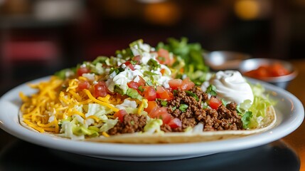 Loaded Taco with Ground Beef, Cheese, Lettuce, Tomatoes, and Sour Cream