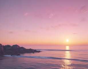 Naklejka premium Soft, hazy sunset blend of pink, blue, and yellow hues , vibrant, design