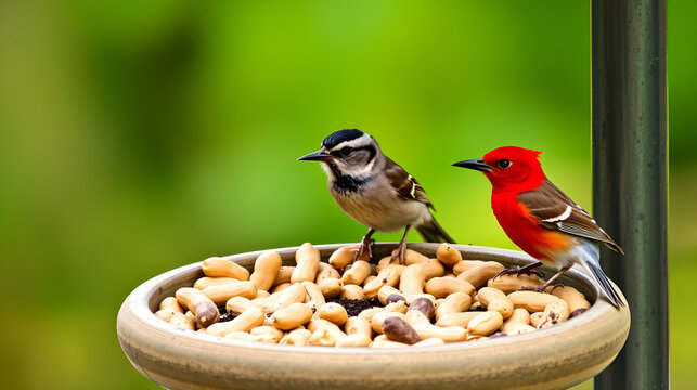 Photo of birds eating peanuts from a bird feeder