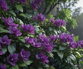 Fototapeta premium Close-up vibrant purple petals, lush green leaves, botany, nature, delicate