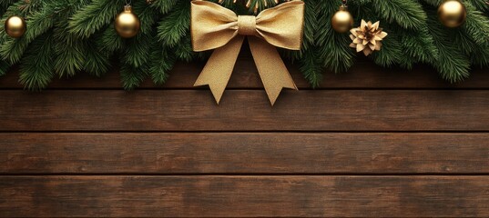 A festive arrangement of lush green pine branches adorned with elegant golden bows. set against a rustic wooden background. perfect for holiday-themed decorations or seasonal promotions