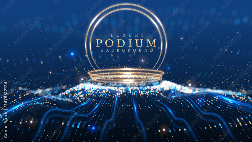 Canvas Prints empty podium with golden neon lights on blue background with glowing micro particles effect with bok