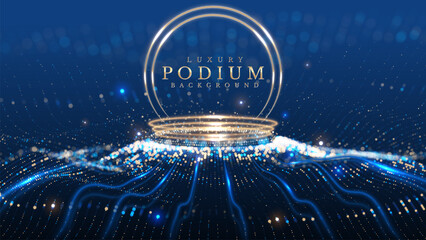 Empty podium with golden neon lights on blue background with glowing micro particles effect with bokeh decoration. Futuristic luxury stage design concept. Vector illustration. © witsanu