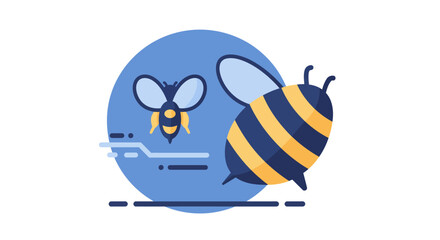 Stylized Bee Illustration with Geometric Design on a Blue Circle