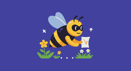 Stylized Bee Near a Yellow Flower and Starry Accent on Blue