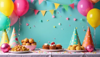 Colorful balloons, party hats, and streamers decorate a festive table laden with treats , joy, ribbon