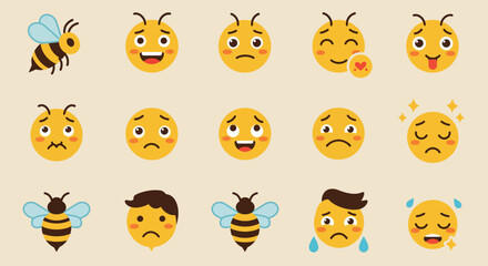 Cartoon Bees and Emojis Displaying Varied Emotions