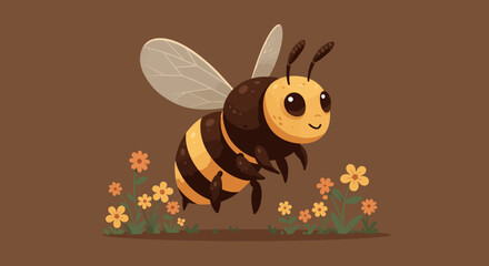 Cartoon Bee with Striped Body and Flowers in a Garden Scene