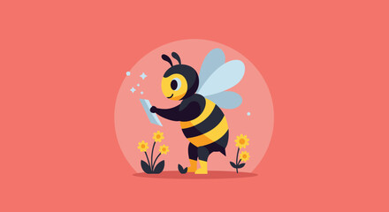 Cheerful Bee Examining a Sparkling Tablet near Flowers