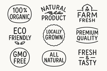 Hand drawn organic and eco friendly food labels and natural product vector badges set