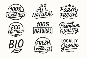 Fototapeta premium Hand drawn organic and eco friendly food labels and natural product vector badges set