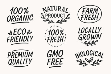 Fototapeta premium Hand drawn organic and eco friendly food labels and natural product vector badges set