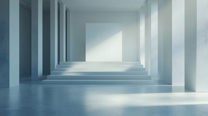 Fototapeta premium Minimalist White Hallway with Steps and Natural Light