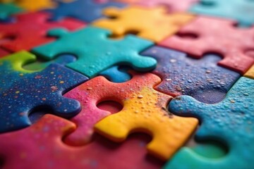 Close-up of a colorful jigsaw puzzle pieces, interlocked and forming a vibrant image , accomplishment, shapes, background