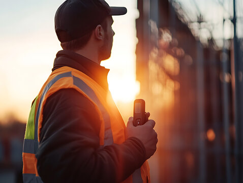 Security Guard with Walkie-Talkie at Sunset