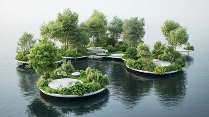 Floating Gardens Surrounded by Calm Water in a Serene Landscape