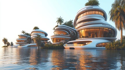 Modern Futuristic Architecture on Water Surrounded by Lush Greenery