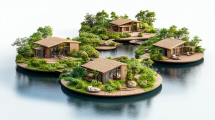 Modern Floating Houses Surrounded by Lush Greenery and Water