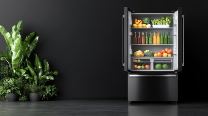 Modern Refrigerator with Fresh Produce and Beverages in Stylish Kitchen