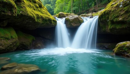 Obraz premium Crystal clear waterfall cascading over moss-covered rocks, power, water, natural