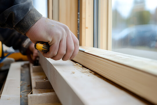 Carpenter Using Chisel on Wooden Plank