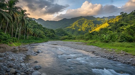 Serene River Flowing Through Lush Green Mountains in Nature