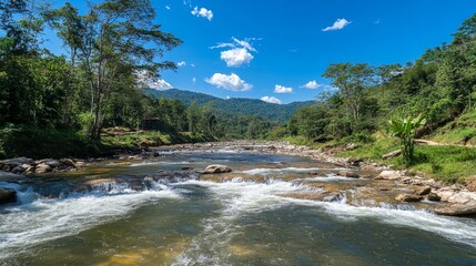 Serene River Flowing Through Lush Green Jungle Under Clear Blue Sky