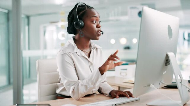 Computer, happy and support with black woman in call center for assistance or feedback. Contact us, customer and typing service with smile of agency employee in workplace as virtual assistant