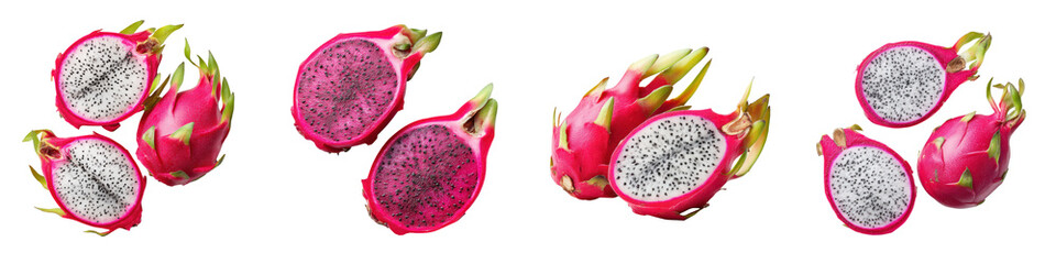 Vibrant dragon fruit halves and whole, showing rich pink skin and speckled white flesh, perfect for tropical fruit displays, culinary dishes, healthy eating, and vibrant health products.