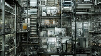 Complex Industrial Structure with Transparent Walls and Machinery