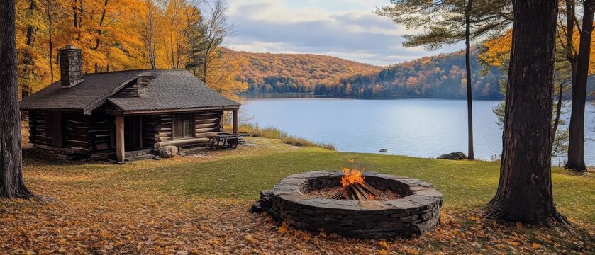 Rustic Log Cabin by Lake with Fire Pit in Autumn Scene at Golden Hour in Upstate New York