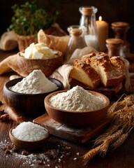 Fototapeta premium variety of whole spices in small wooden bowls on rustic surface