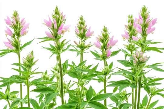 Pale pink turtlehead flowers with vibrant green foliage on a white backdrop. Use in designs needing floral elements, nature, or plant life images.