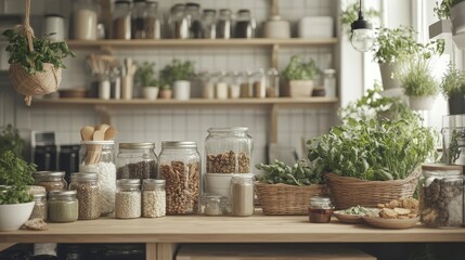 Fresh Herbs and Ingredients in Cozy Kitchen with Wooden Shelves