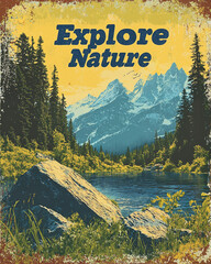 Vintage Explore Nature poster with mountains and lake
