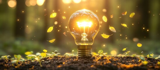 a glowing light bulb emerges from the soil, symbolizing innovative solutions for ecological sustainability and the convergence of technology with environmental conservation initiatives
