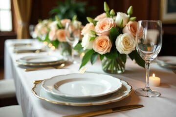 Fototapeta premium Elegant wedding table setting with floral centerpiece, gold cutlery, and fine china , festive, candles, special occasion