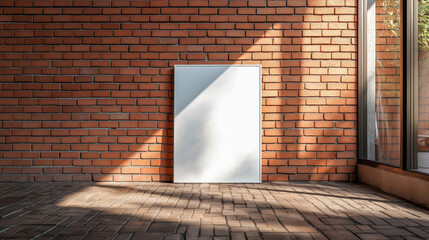 Mockup empty, blank poster on the brick wall in front of a coffee shop, beautiful sunlight