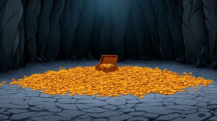 Pixel Art Treasure Chest Gold Coins In A Dark Cave